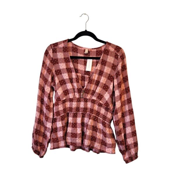 Pilcro Red Plaid Deep V Embroidered Blouse Size M NWT - Picture 1 of 7
